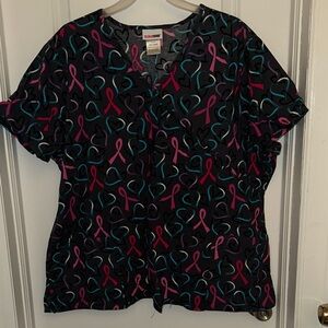 Dickies Black Scrub Top with Pink & Teal Ribbon and Heart Print